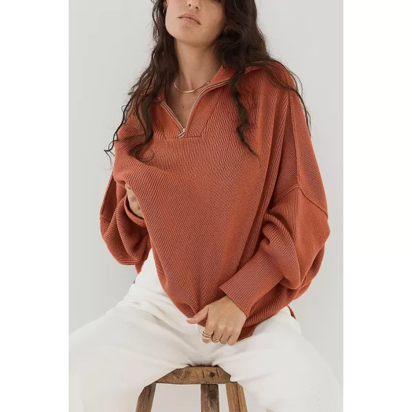 imagePRETTYGARDEN Womens 2023 Fall Pullover Oversized Sweaters Casual Long Sleeve Zip Up Collared Winter Tops BlouseRust Red
