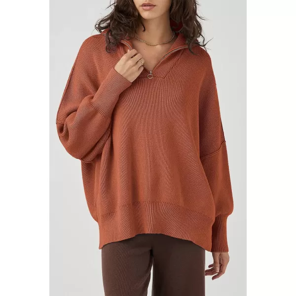 imagePRETTYGARDEN Womens 2023 Fall Pullover Oversized Sweaters Casual Long Sleeve Zip Up Collared Winter Tops BlouseRust Red