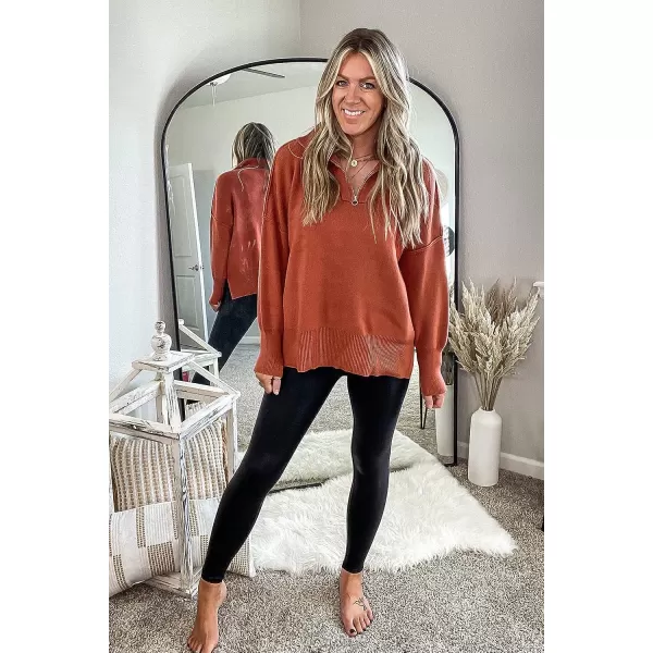 imagePRETTYGARDEN Womens 2023 Fall Pullover Oversized Sweaters Casual Long Sleeve Zip Up Collared Winter Tops BlouseRust Red