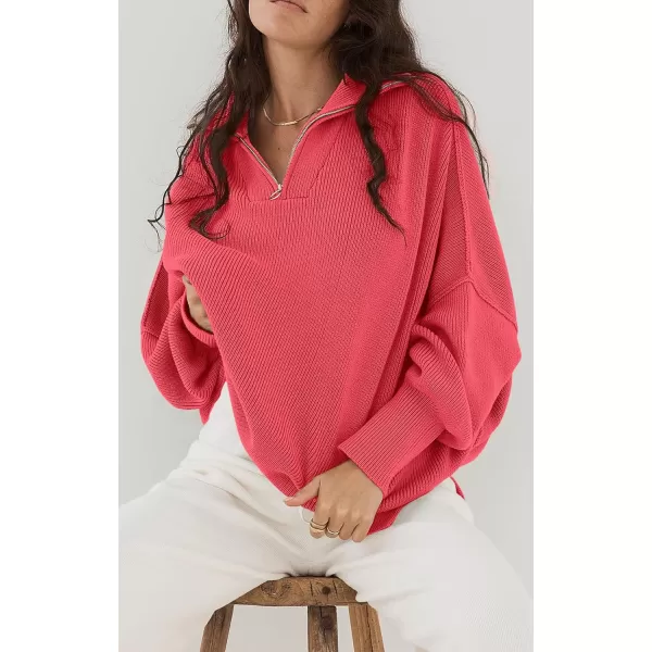 imagePRETTYGARDEN Womens 2023 Fall Pullover Oversized Sweaters Casual Long Sleeve Zip Up Collared Winter Tops BlouseWatermelon Red
