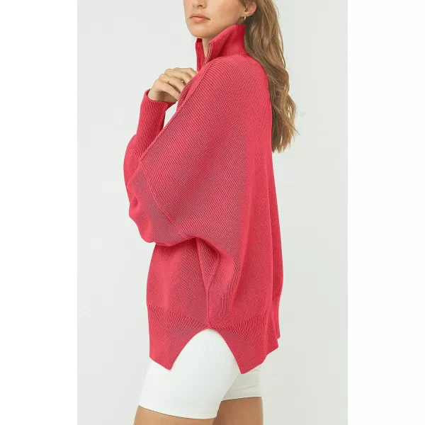 imagePRETTYGARDEN Womens 2023 Fall Pullover Oversized Sweaters Casual Long Sleeve Zip Up Collared Winter Tops BlouseWatermelon Red