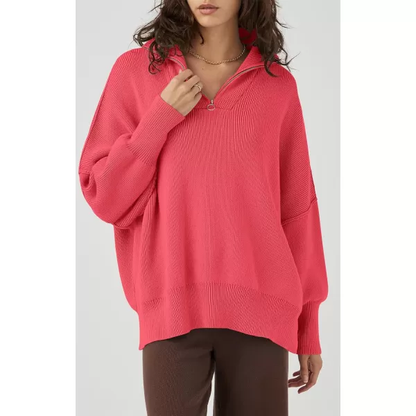 imagePRETTYGARDEN Womens 2023 Fall Pullover Oversized Sweaters Casual Long Sleeve Zip Up Collared Winter Tops BlouseWatermelon Red