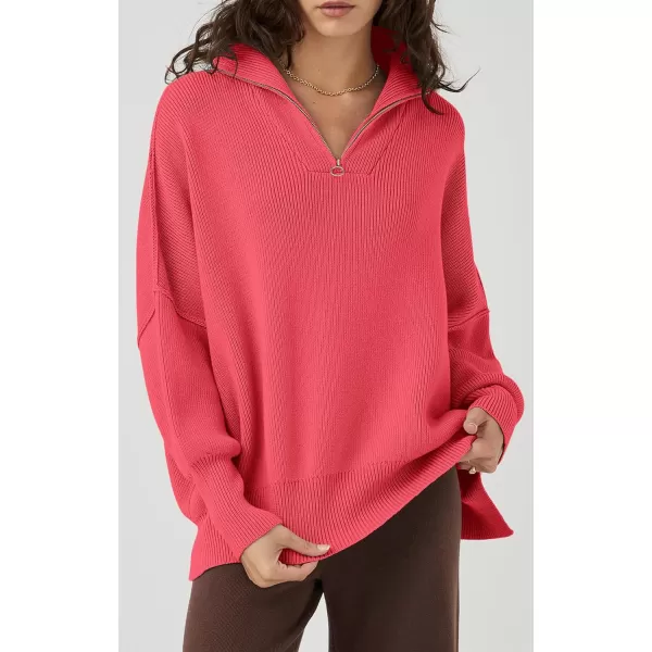 imagePRETTYGARDEN Womens 2023 Fall Pullover Oversized Sweaters Casual Long Sleeve Zip Up Collared Winter Tops BlouseWatermelon Red