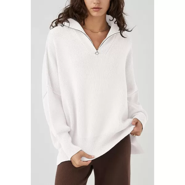imagePRETTYGARDEN Womens 2023 Fall Pullover Oversized Sweaters Casual Long Sleeve Zip Up Collared Winter Tops BlouseWhite