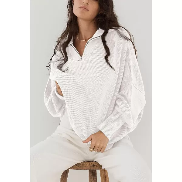 imagePRETTYGARDEN Womens 2023 Fall Pullover Oversized Sweaters Casual Long Sleeve Zip Up Collared Winter Tops BlouseWhite