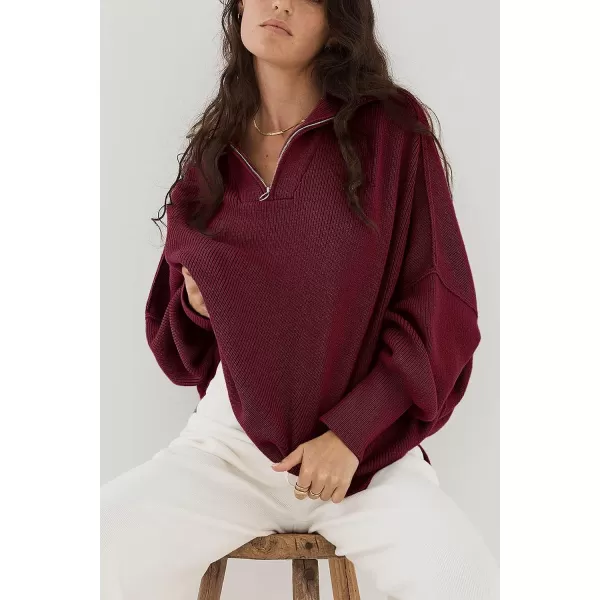 imagePRETTYGARDEN Womens 2023 Fall Pullover Oversized Sweaters Casual Long Sleeve Zip Up Collared Winter Tops BlouseWine Red