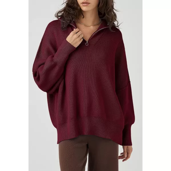 imagePRETTYGARDEN Womens 2023 Fall Pullover Oversized Sweaters Casual Long Sleeve Zip Up Collared Winter Tops BlouseWine Red
