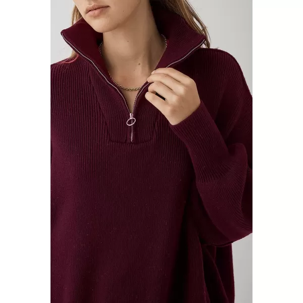 imagePRETTYGARDEN Womens 2023 Fall Pullover Oversized Sweaters Casual Long Sleeve Zip Up Collared Winter Tops BlouseWine Red