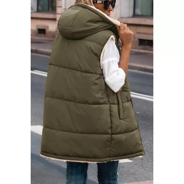 imagePRETTYGARDEN Womens 2023 Fall Reversible Vests Sleeveless Fleece Jacket Zip Up Hoodie Pockets Long Warm Winter Coat OuterwearArmy Green