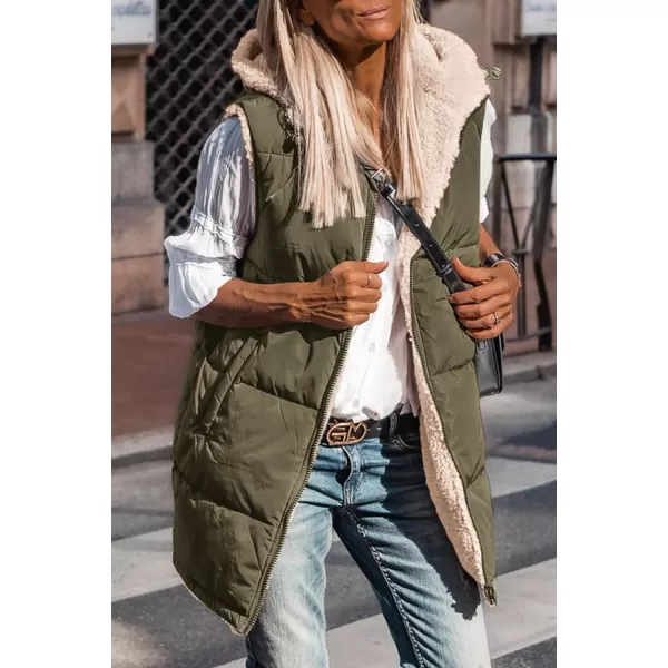 imagePRETTYGARDEN Womens 2023 Fall Reversible Vests Sleeveless Fleece Jacket Zip Up Hoodie Pockets Long Warm Winter Coat OuterwearArmy Green