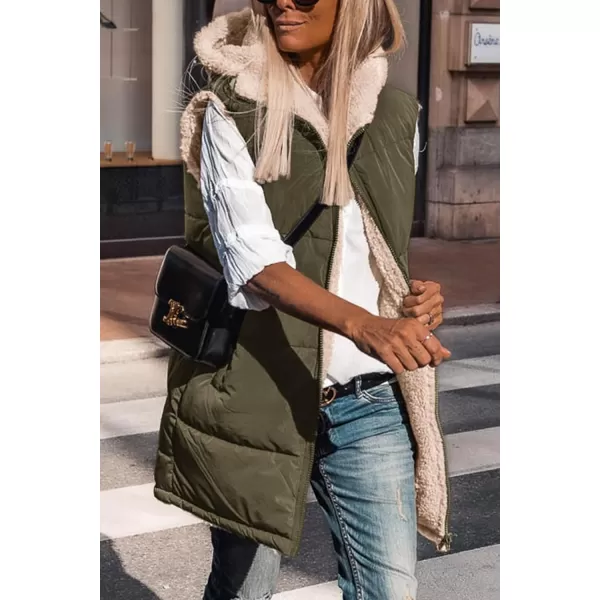 imagePRETTYGARDEN Womens 2023 Fall Reversible Vests Sleeveless Fleece Jacket Zip Up Hoodie Pockets Long Warm Winter Coat OuterwearArmy Green