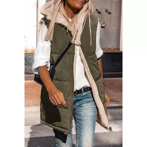 imagePRETTYGARDEN Womens 2023 Fall Reversible Vests Sleeveless Fleece Jacket Zip Up Hoodie Pockets Long Warm Winter Coat OuterwearArmy Green