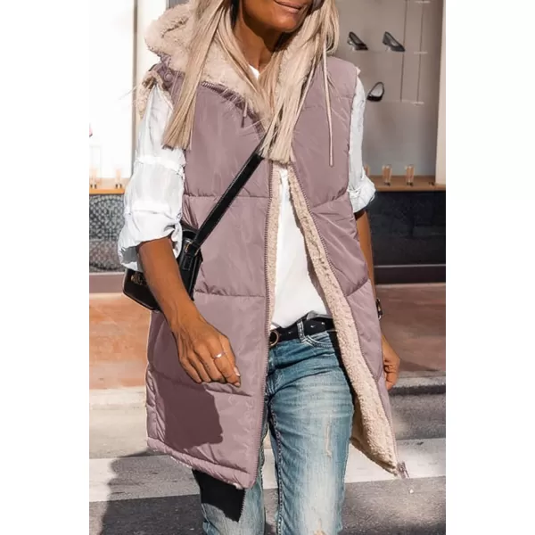 imagePRETTYGARDEN Womens 2023 Fall Reversible Vests Sleeveless Fleece Jacket Zip Up Hoodie Pockets Long Warm Winter Coat OuterwearBean Paste Pink