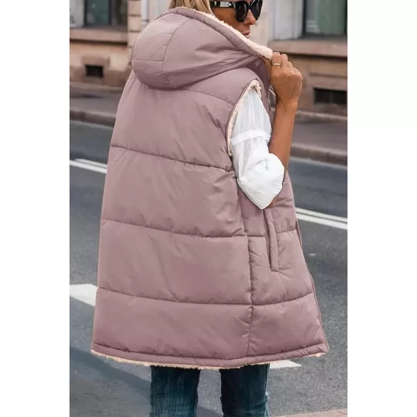 imagePRETTYGARDEN Womens 2023 Fall Reversible Vests Sleeveless Fleece Jacket Zip Up Hoodie Pockets Long Warm Winter Coat OuterwearBean Paste Pink