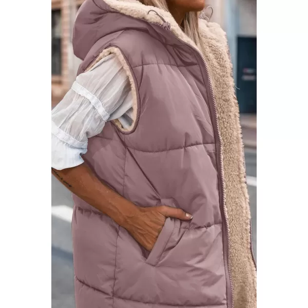 imagePRETTYGARDEN Womens 2023 Fall Reversible Vests Sleeveless Fleece Jacket Zip Up Hoodie Pockets Long Warm Winter Coat OuterwearBean Paste Pink