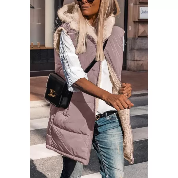 imagePRETTYGARDEN Womens 2023 Fall Reversible Vests Sleeveless Fleece Jacket Zip Up Hoodie Pockets Long Warm Winter Coat OuterwearBean Paste Pink