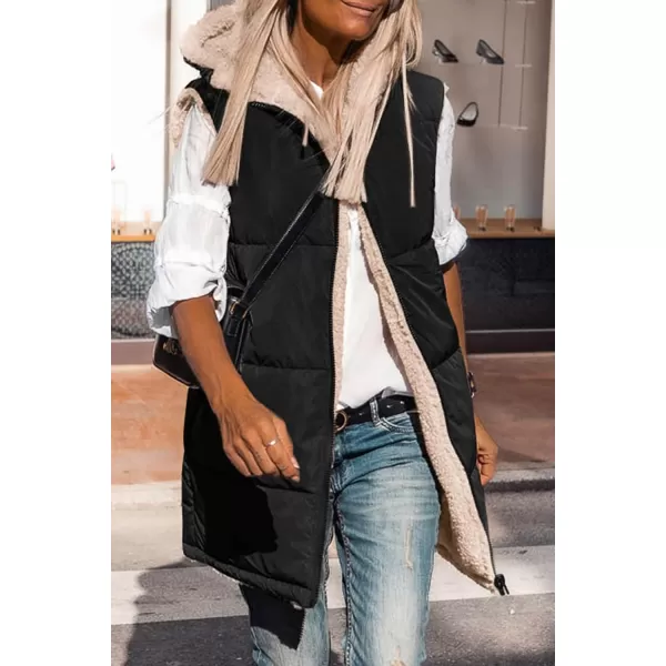 imagePRETTYGARDEN Womens 2023 Fall Reversible Vests Sleeveless Fleece Jacket Zip Up Hoodie Pockets Long Warm Winter Coat OuterwearBlack
