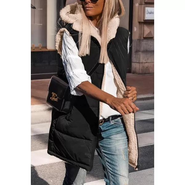 imagePRETTYGARDEN Womens 2023 Fall Reversible Vests Sleeveless Fleece Jacket Zip Up Hoodie Pockets Long Warm Winter Coat OuterwearBlack