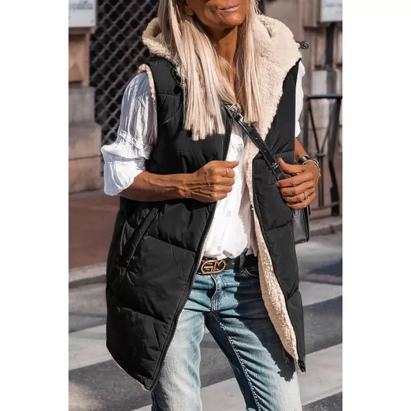 imagePRETTYGARDEN Womens 2023 Fall Reversible Vests Sleeveless Fleece Jacket Zip Up Hoodie Pockets Long Warm Winter Coat OuterwearBlack