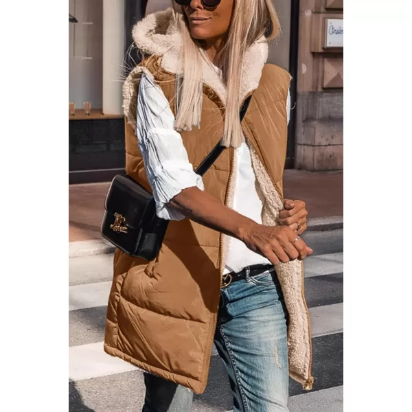 imagePRETTYGARDEN Womens 2023 Fall Reversible Vests Sleeveless Fleece Jacket Zip Up Hoodie Pockets Long Warm Winter Coat OuterwearBrown