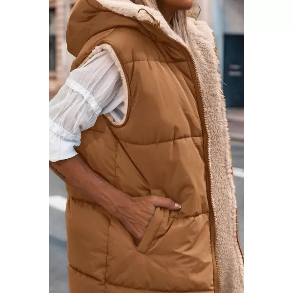 imagePRETTYGARDEN Womens 2023 Fall Reversible Vests Sleeveless Fleece Jacket Zip Up Hoodie Pockets Long Warm Winter Coat OuterwearBrown