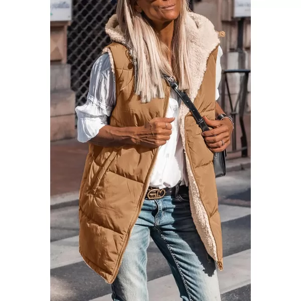 imagePRETTYGARDEN Womens 2023 Fall Reversible Vests Sleeveless Fleece Jacket Zip Up Hoodie Pockets Long Warm Winter Coat OuterwearBrown