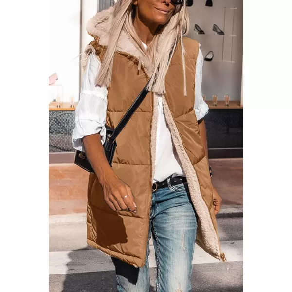 imagePRETTYGARDEN Womens 2023 Fall Reversible Vests Sleeveless Fleece Jacket Zip Up Hoodie Pockets Long Warm Winter Coat OuterwearBrown