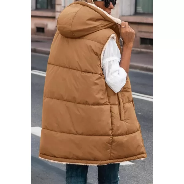 imagePRETTYGARDEN Womens 2023 Fall Reversible Vests Sleeveless Fleece Jacket Zip Up Hoodie Pockets Long Warm Winter Coat OuterwearBrown