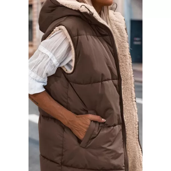 imagePRETTYGARDEN Womens 2023 Fall Reversible Vests Sleeveless Fleece Jacket Zip Up Hoodie Pockets Long Warm Winter Coat OuterwearCoffee