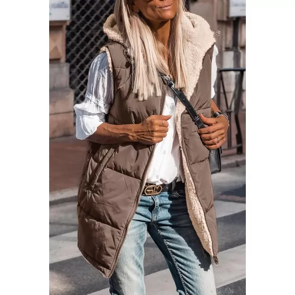 imagePRETTYGARDEN Womens 2023 Fall Reversible Vests Sleeveless Fleece Jacket Zip Up Hoodie Pockets Long Warm Winter Coat OuterwearCoffee