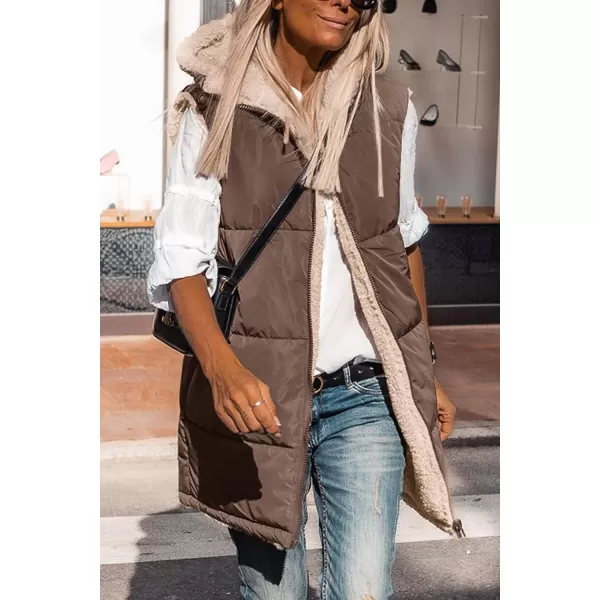 imagePRETTYGARDEN Womens 2023 Fall Reversible Vests Sleeveless Fleece Jacket Zip Up Hoodie Pockets Long Warm Winter Coat OuterwearCoffee