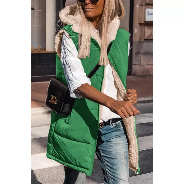 imagePRETTYGARDEN Womens 2023 Fall Reversible Vests Sleeveless Fleece Jacket Zip Up Hoodie Pockets Long Warm Winter Coat OuterwearGreen