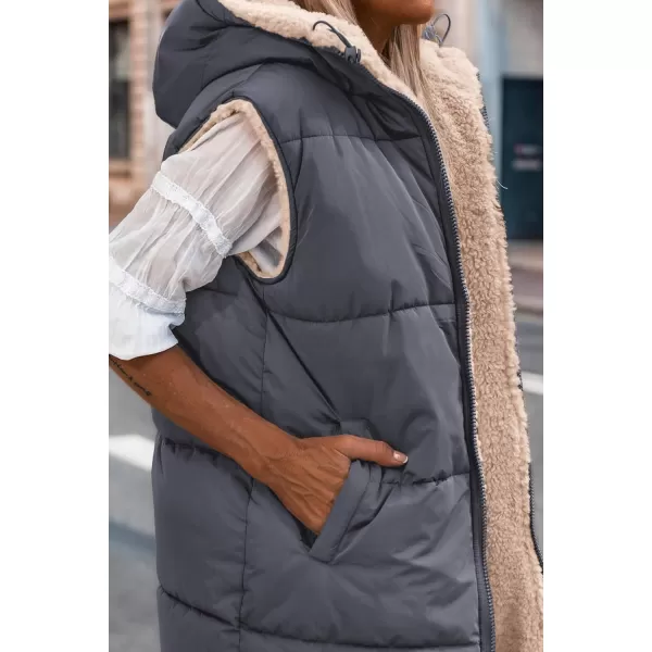 imagePRETTYGARDEN Womens 2023 Fall Reversible Vests Sleeveless Fleece Jacket Zip Up Hoodie Pockets Long Warm Winter Coat OuterwearGrey Blue