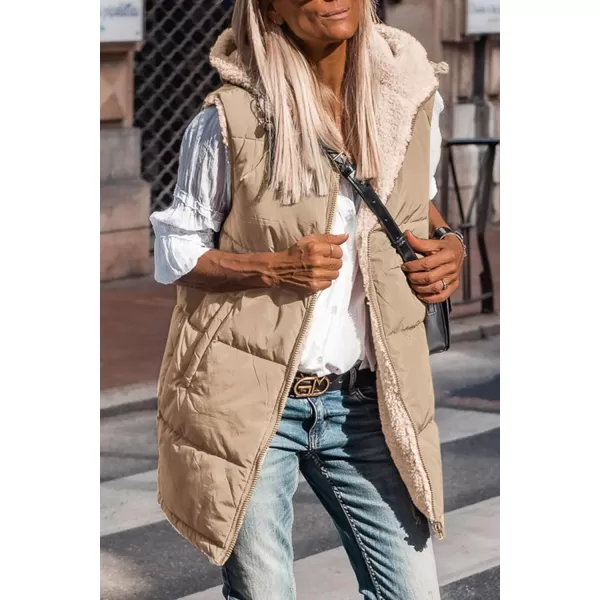 imagePRETTYGARDEN Womens 2023 Fall Reversible Vests Sleeveless Fleece Jacket Zip Up Hoodie Pockets Long Warm Winter Coat OuterwearLight Camel