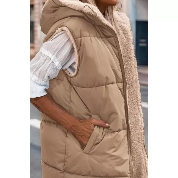 imagePRETTYGARDEN Womens 2023 Fall Reversible Vests Sleeveless Fleece Jacket Zip Up Hoodie Pockets Long Warm Winter Coat OuterwearLight Camel
