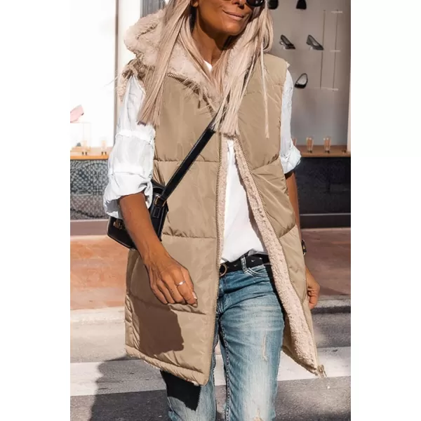 imagePRETTYGARDEN Womens 2023 Fall Reversible Vests Sleeveless Fleece Jacket Zip Up Hoodie Pockets Long Warm Winter Coat OuterwearLight Camel