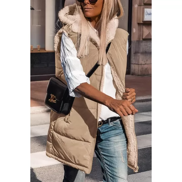 imagePRETTYGARDEN Womens 2023 Fall Reversible Vests Sleeveless Fleece Jacket Zip Up Hoodie Pockets Long Warm Winter Coat OuterwearLight Camel