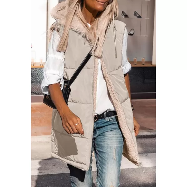 imagePRETTYGARDEN Womens 2023 Fall Reversible Vests Sleeveless Fleece Jacket Zip Up Hoodie Pockets Long Warm Winter Coat OuterwearLight Khaki