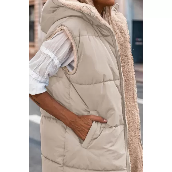 imagePRETTYGARDEN Womens 2023 Fall Reversible Vests Sleeveless Fleece Jacket Zip Up Hoodie Pockets Long Warm Winter Coat OuterwearLight Khaki