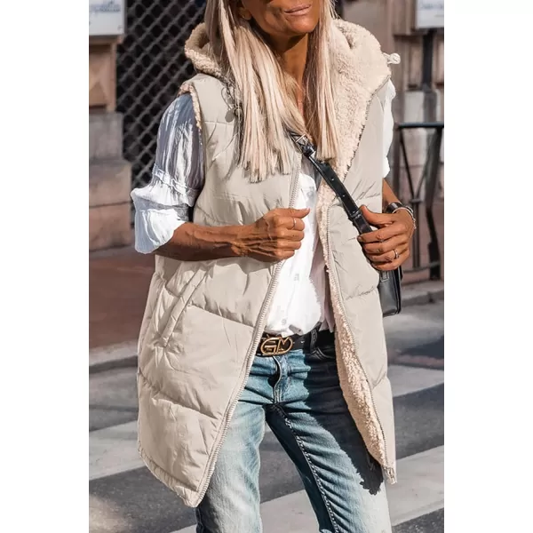 imagePRETTYGARDEN Womens 2023 Fall Reversible Vests Sleeveless Fleece Jacket Zip Up Hoodie Pockets Long Warm Winter Coat OuterwearLight Khaki