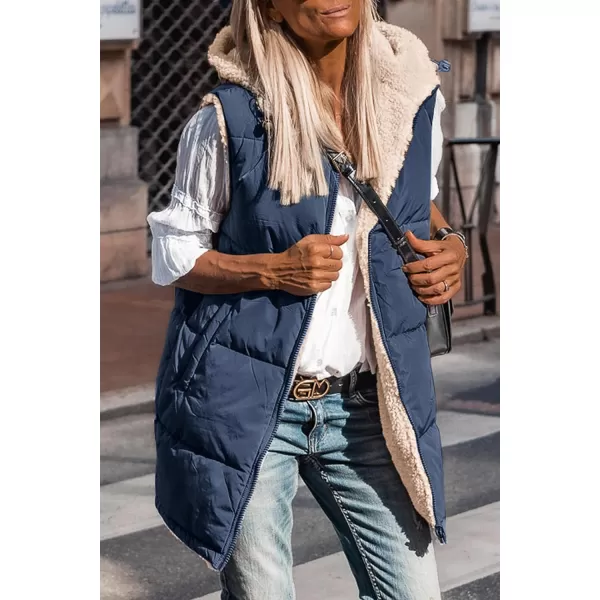 imagePRETTYGARDEN Womens 2023 Fall Reversible Vests Sleeveless Fleece Jacket Zip Up Hoodie Pockets Long Warm Winter Coat OuterwearNavy