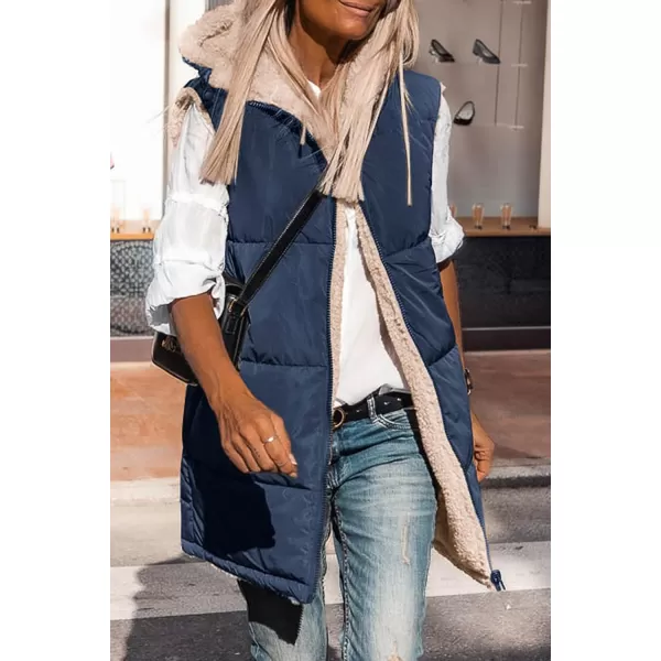 imagePRETTYGARDEN Womens 2023 Fall Reversible Vests Sleeveless Fleece Jacket Zip Up Hoodie Pockets Long Warm Winter Coat OuterwearNavy
