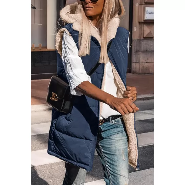 imagePRETTYGARDEN Womens 2023 Fall Reversible Vests Sleeveless Fleece Jacket Zip Up Hoodie Pockets Long Warm Winter Coat OuterwearNavy