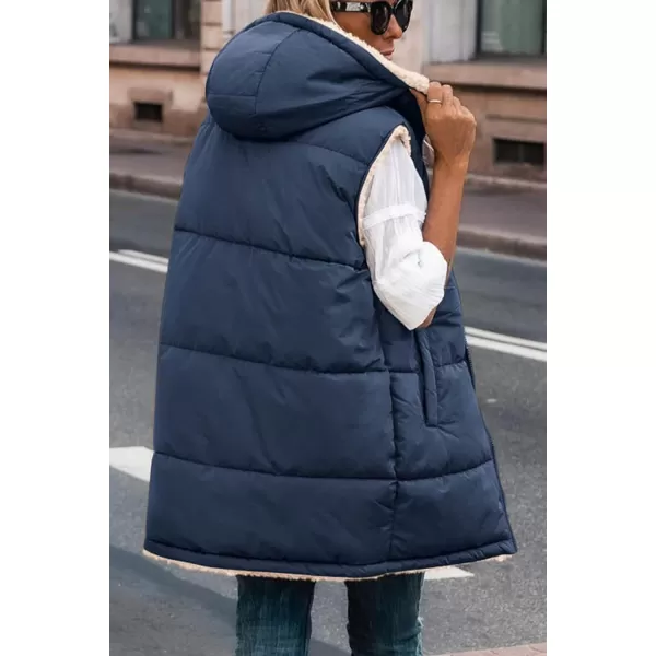imagePRETTYGARDEN Womens 2023 Fall Reversible Vests Sleeveless Fleece Jacket Zip Up Hoodie Pockets Long Warm Winter Coat OuterwearNavy