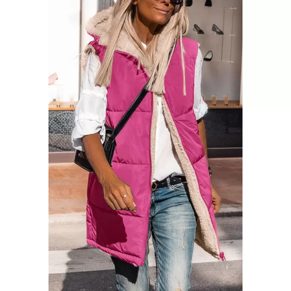 imagePRETTYGARDEN Womens 2023 Fall Reversible Vests Sleeveless Fleece Jacket Zip Up Hoodie Pockets Long Warm Winter Coat OuterwearRose Red