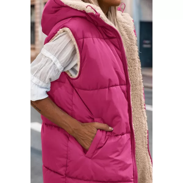imagePRETTYGARDEN Womens 2023 Fall Reversible Vests Sleeveless Fleece Jacket Zip Up Hoodie Pockets Long Warm Winter Coat OuterwearRose Red