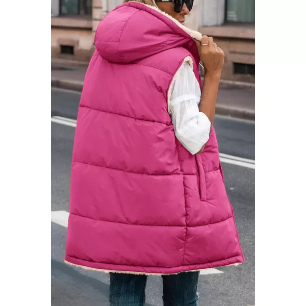 imagePRETTYGARDEN Womens 2023 Fall Reversible Vests Sleeveless Fleece Jacket Zip Up Hoodie Pockets Long Warm Winter Coat OuterwearRose Red