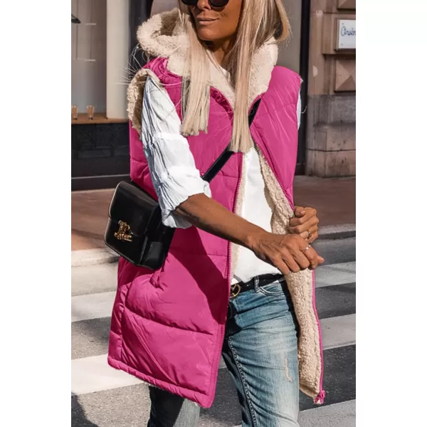 imagePRETTYGARDEN Womens 2023 Fall Reversible Vests Sleeveless Fleece Jacket Zip Up Hoodie Pockets Long Warm Winter Coat OuterwearRose Red