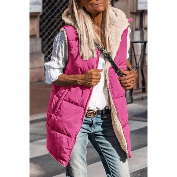 imagePRETTYGARDEN Womens 2023 Fall Reversible Vests Sleeveless Fleece Jacket Zip Up Hoodie Pockets Long Warm Winter Coat OuterwearRose Red