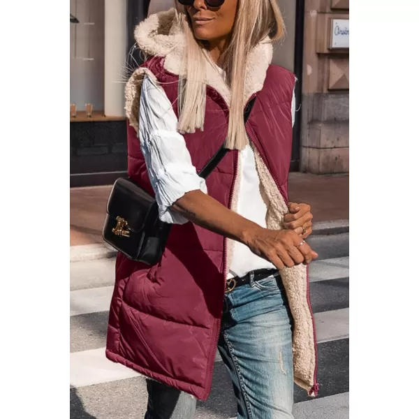 imagePRETTYGARDEN Womens 2023 Fall Reversible Vests Sleeveless Fleece Jacket Zip Up Hoodie Pockets Long Warm Winter Coat OuterwearWine Red
